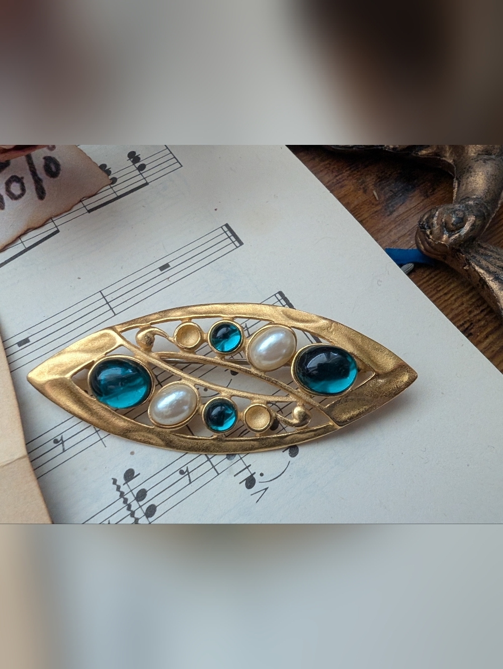 Gold-tone Leaf Brooch with Teal Cabochons and Faux Pearls